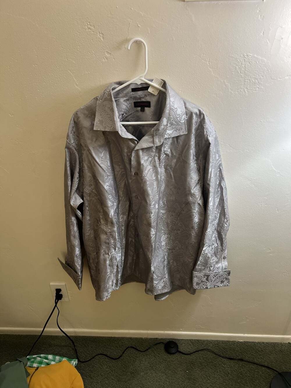 Leonardi Men's Shiny Silver Paisley Pattern Button-Down Dress Shirt, Size 4XL